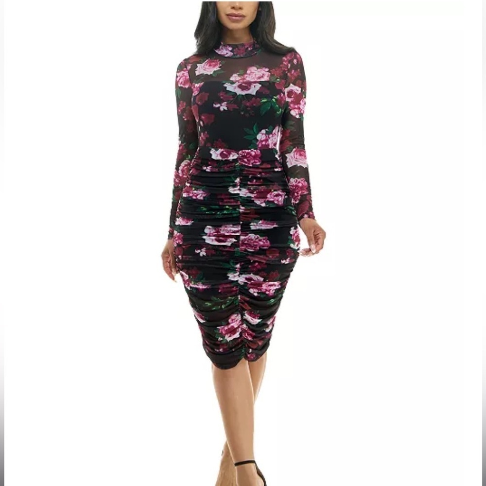 NWT Bebe Floral-Print Ruched Bodycon Dress